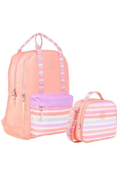 KAUKKO Salmon Colored Line Patterned School Bag and Lunchbox Set for Girls