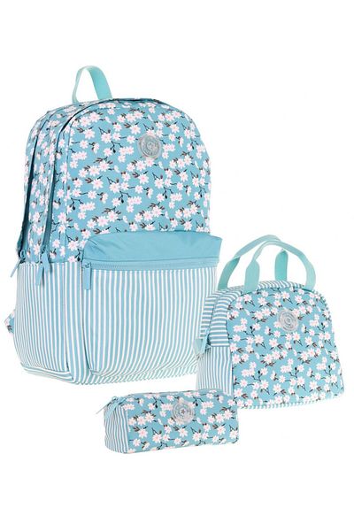 KAUKKO Soft Floral Triple Girls School Bag Set - Turquoise - Floral and Stripe Pattern
