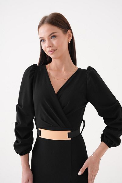 vuvutasarım Women's Belt Gifted Crepe Fabric Slit Short Sleeve Midi Length Double Breasted Evening Dress 074