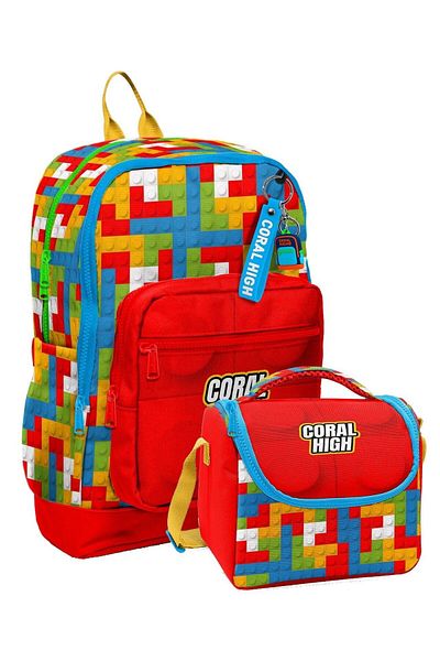 Coral High Durable Double Primary School Bag Set for Boys - Red Building Blocks