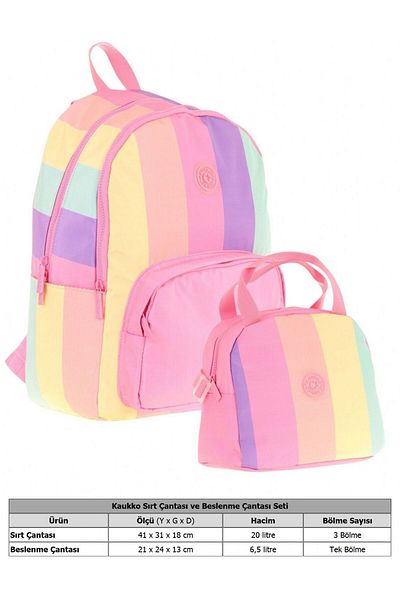 KAUKKO Rainbow Three Compartment Primary School Bag and Lunch Box Set - Pink Multicolor Striped