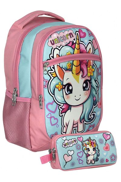 Cennec Umt5048+Umt5050 Backpack and Pen Holder Set (Pink Turquoise - Baby Unicorn - Girl)