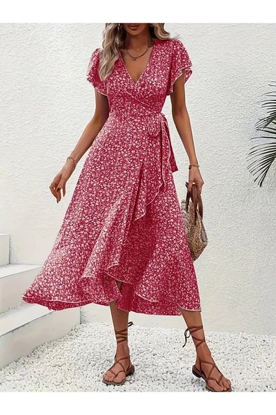 Butik Women's Short Sleeve Double Breasted Collar Patterned Single Jersey Dress