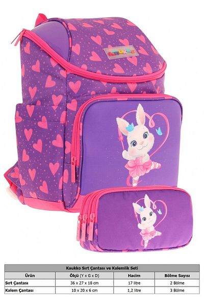 KAUKKO Set ghiozdan și geantă pentru creion pentru fete, mov fucsia, iepure inimă - L5246+L8246