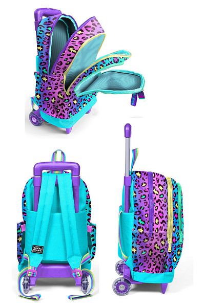 Coral High Fata cu roata de tirocari, leopard verde violet, set de genti pentru școală primară triplă