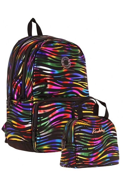 KAUKKO Set rucsac și cutie de prânz pentru fete, cu model zebră, negru, multicolor