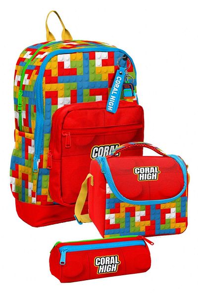 Coral High Primary School Triple School Starter Bag Set - Red Building Blocks, Boys