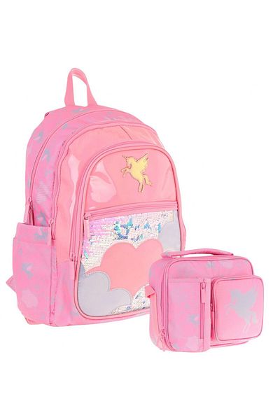 KAUKKO Copii cu model de nori cu paiete, ghiozdan roz pentru fete + set cutie de prânz (L5218+L7218)