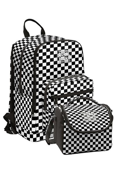 Coral High Primary and Secondary School Backpack and Nutrition Set - Black and White Checkered for Girls