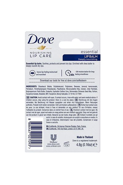 Dove Lip Balm, Dove, Essential Intensiv, Moisturising and Hydrating Care for Dry and Chapped Lips, 4.8gr