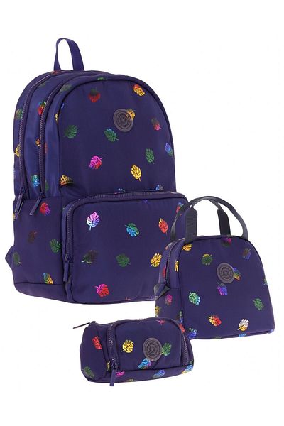 KAUKKO Set de trei genți de școală pentru fete cu model de frunze bleumarin Shine