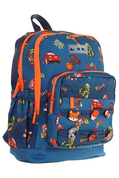 KAUKKO Geantă pentru școală primară pentru copii, cu patru compartimente, pentru băieți, cu accesorii din silicon, albastru bleumarin portocaliu
