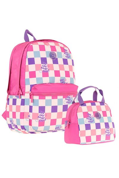 KAUKKO Σχολική τσάντα Nature Pink Checkerboard και Σετ Διατροφής Θερμομονωμένο - Κορίτσι
