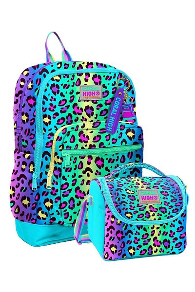 Coral High Set de genți durabile pentru școala primară pentru fete - leopard verde violet