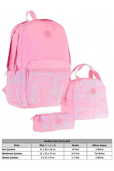 KAUKKO Soft Floral Triple Girl's School Bag Set - Pink - Floral