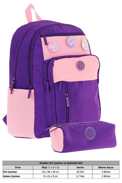 KAUKKO Σετ σχολικής τσάντας και μολυβοθήκη Kauko Holiday Girl's Badge - Μωβ ροζ - Έξι θήκες