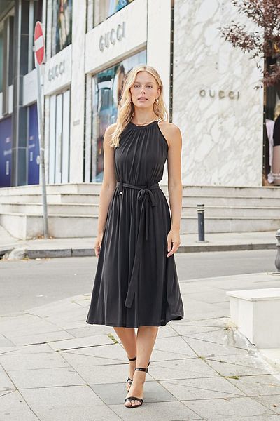 Jument Women's Silky Modal Combed Cotton Fabric Deep Sleeveless Shoulder Accessory Pocketed Lined Dress with Belt-Black