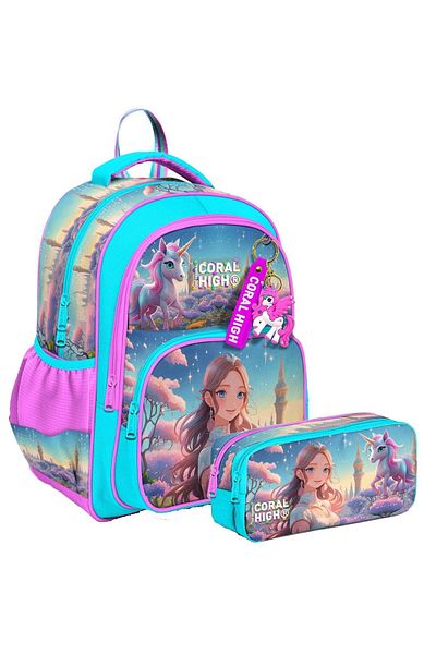 Coral High Primary School Backpack and Two Compartment Pen Holder - Girl - Turquoise Pink Anime Girl