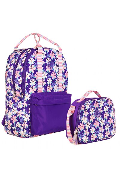 KAUKKO Purple Colorful Flower Patterned School Bag and Lunchbox Set for Girls