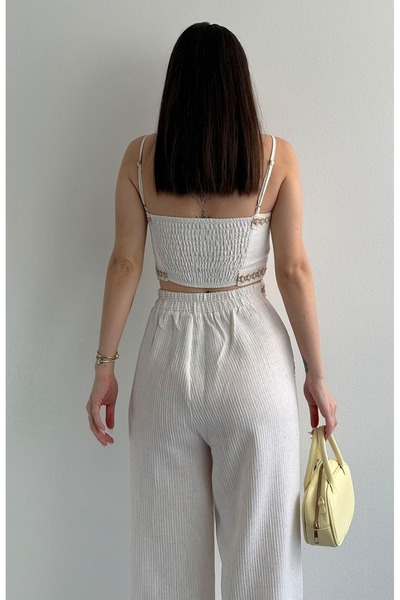FASHION COCKTAIL Line Textured Lace Stripe Pocket Elastic Waist Trousers Back Elastic Sports Bustier Linen Suit