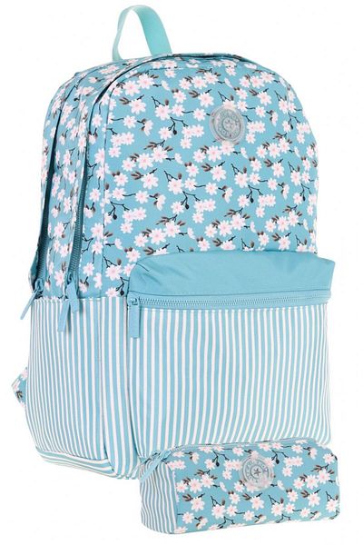 KAUKKO Soft Floral Flower and Line Pattern Turquoise Girl's School Bag and Pen Holder School Set