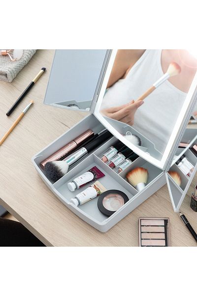 InnovaGoods Panomir 3-in-1 Foldable LED Mirror with Makeup Organizer