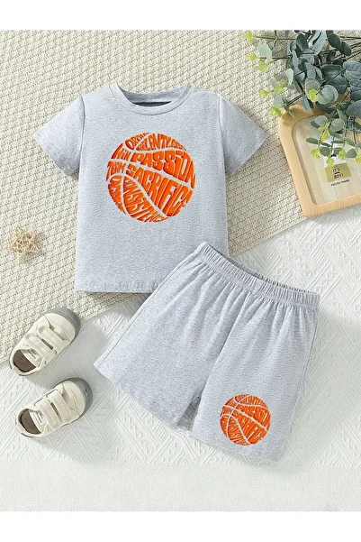 Renna Mood Boy's Gray Basketball Printed Shorts-Tshirt Set