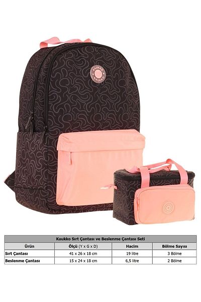 KAUKKO Set rucsac și cutie de prânz pentru fete dublă culoare - somon negru