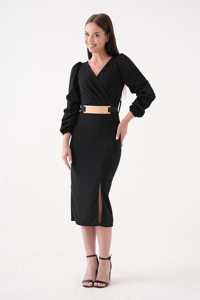 vuvutasarım Women's Belt Gifted Crepe Fabric Slit Short Sleeve Midi Length Double Breasted Evening Dress 074