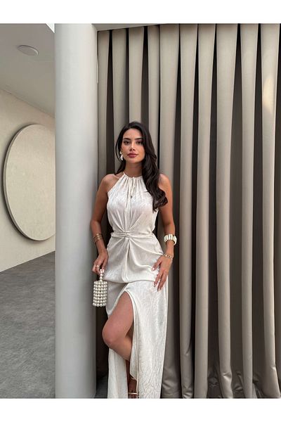 ESRAHELVACI Cream Waist Tie Slit Dress