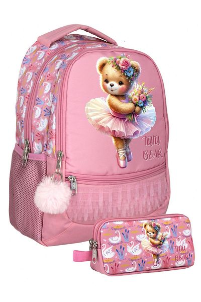 Cennec Umt5000+Umt5002 Backpack and Pen Holder Set (Pink - Ballerina Teddy Bear - Girl)