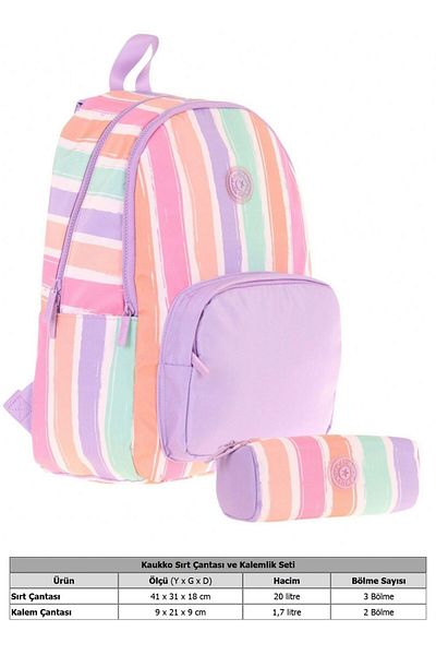 KAUKKO Set ghiozdan și husă pentru creion pentru fete, mov, multicolor, cu dungi (KK - K1801+KK - K2712)
