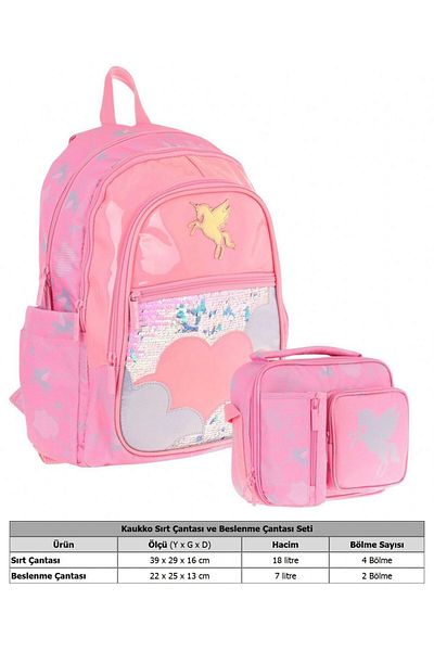 KAUKKO Copii cu model de nori cu paiete, ghiozdan roz pentru fete + set cutie de prânz (L5218+L7218)
