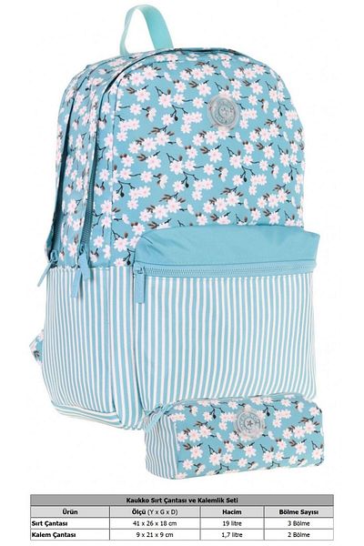 KAUKKO Soft Floral Flower and Line Pattern Turquoise Girl's School Bag and Pen Holder School Set