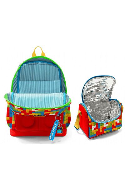 Coral High Durable Double Primary School Bag Set for Boys - Red Building Blocks