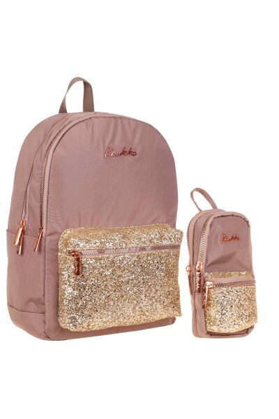 KAUKKO Ярка кафява училищна чанта за момичета с камъни и комплект калъф за моливи във формата на чанта