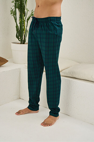 KLY Ekose Ince Tek Alt Rahat Pamuk Penye Pijama - Yeşil Eşofman Altı