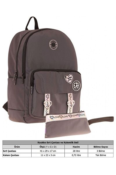 KAUKKO Shiny Love Stripe Gray School Bag and Wallet Type Pen Holder Set (Kk-K1842+Kk-K2753)