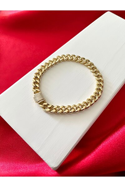Butik Kalın Zincir Zirkon Taşlı Gold Çelik Bileklik