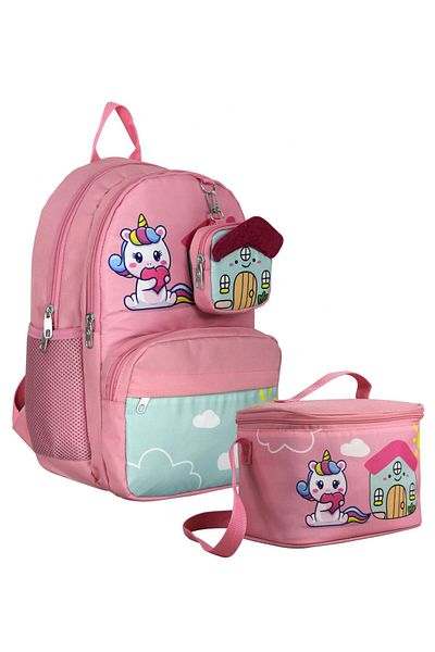 Cennec Unicorn Patterned Girl's Pink Green Double Bag and Nutrition Set - Setumt5051B