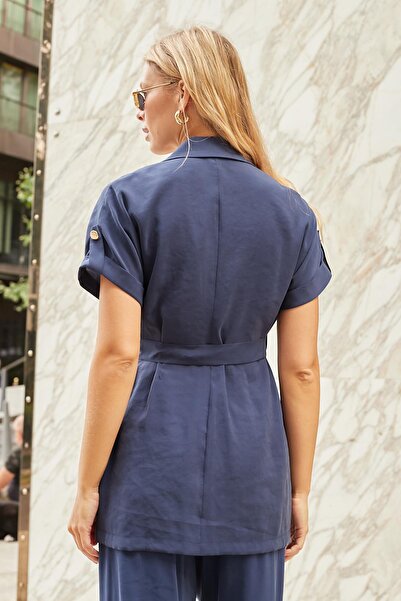 Jument Women's Silky Modal Fabric Collar Off-Shoulder Epaulets Short Sleeve Button down Jacket with Waist Belt-Navy Blue