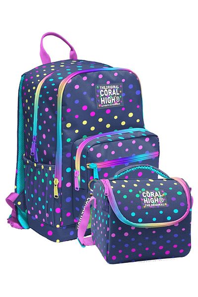 Coral High Set rucsac și nutriție pentru școala primară și gimnazială - pentru fete, bleumarin cu buline