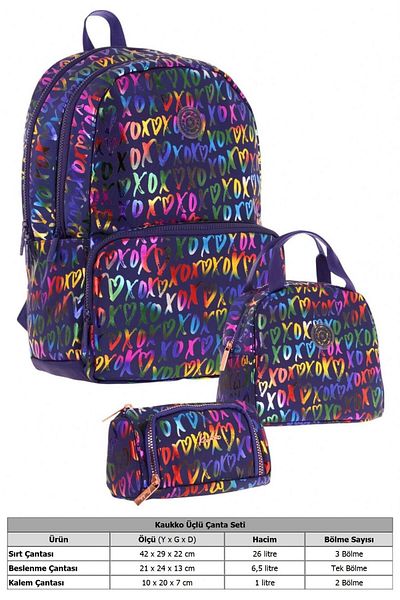 KAUKKO Set de genți de școală triplu pentru fete Shine bleumarin XOXO