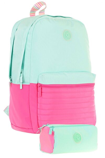 KAUKKO حقيبة مدرسية وحامل أقلام رصاص للفتيات باللون الأخضر الوردي مع تفاصيل م...