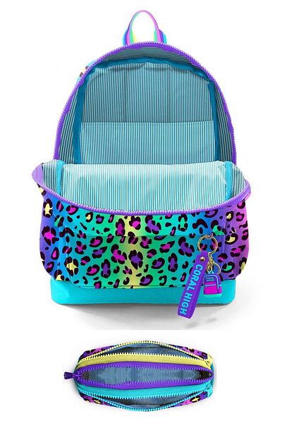 Coral High Set rucsac cu patru compartimente și suport pentru stilou pentru fete din școala primară - verde violet leopard