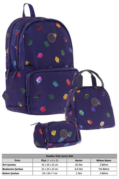 KAUKKO Set de trei genți de școală pentru fete cu model de frunze bleumarin Shine