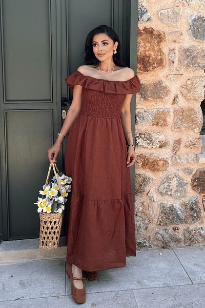 giyimmasalı Βαμβακερό ύφασμα με κέντημα φόρεμα με λαιμόκοψη - ΚΑΦΕ