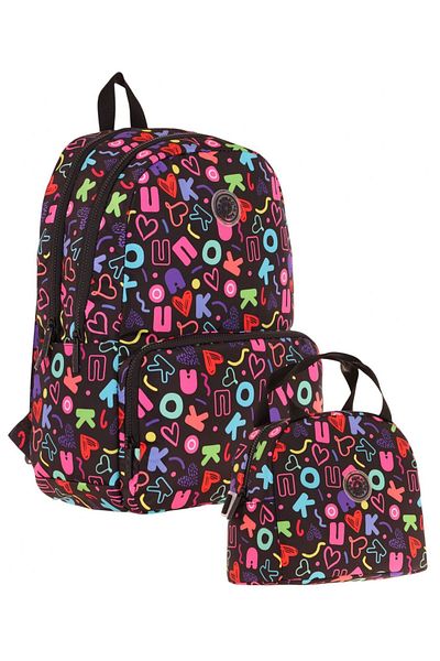 KAUKKO Set rucsac și cutie de prânz pentru școală pentru fete - negru - imprimat inimă și Kaukko