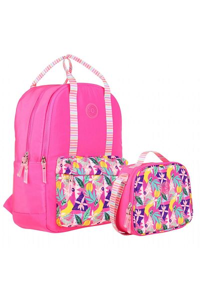 KAUKKO Pink Colored Leaf Patterned School Bag and Lunchbox Set for Girls