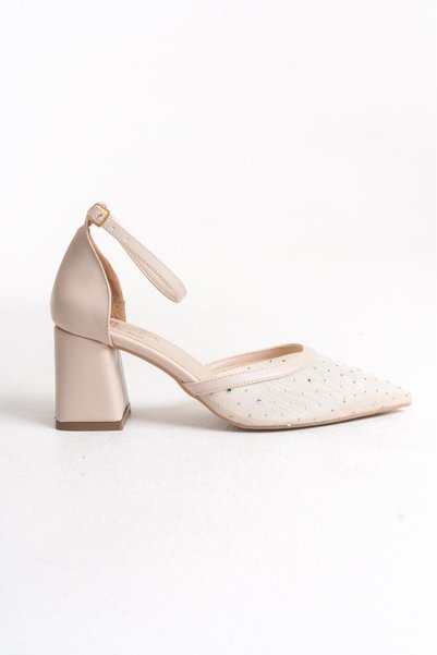 Griffa Women's Beige Tulle Stone Closed Back Daily Casual Evening Dress Stiletto Heeled Shoes